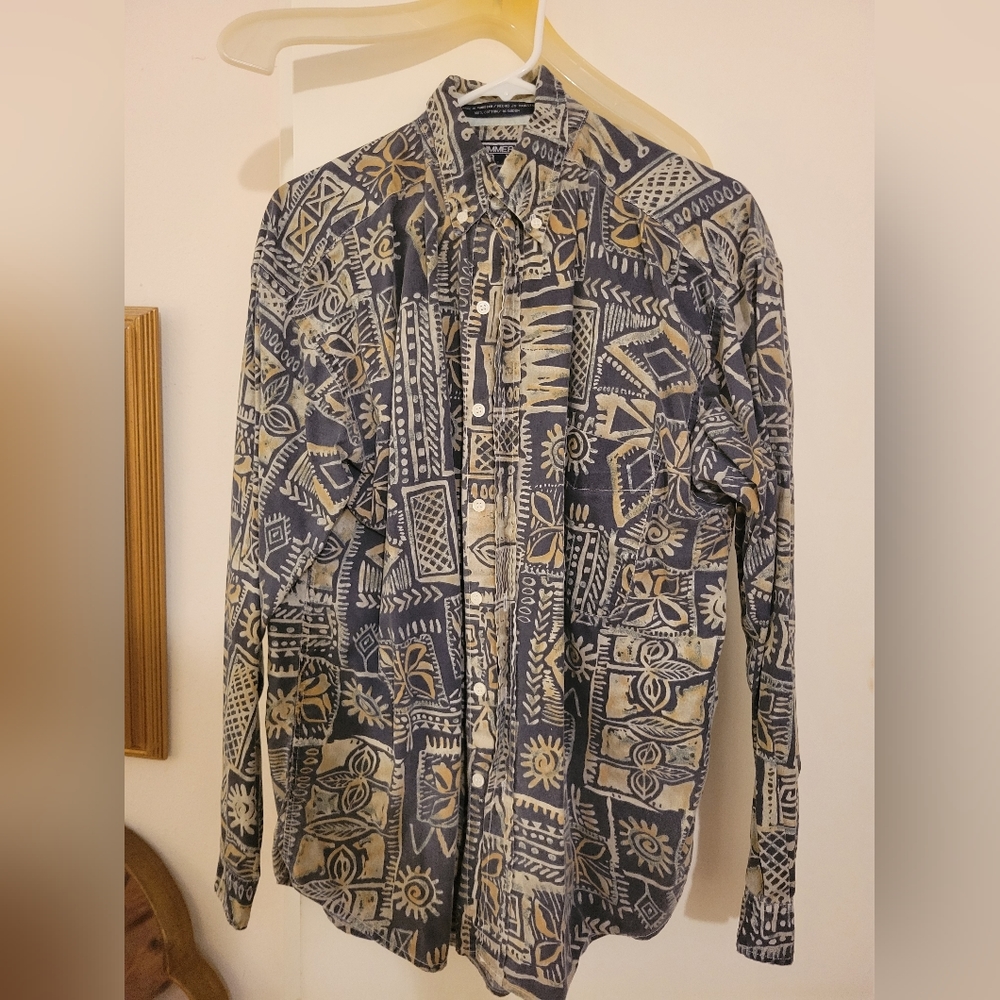 Drummer boy collection long sleeve button-up shirt, small, Navy and tan